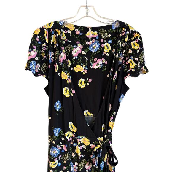 Free People Gorgeous Jess Floral Print Wrap Dress Black Maxi Large Short Sleeve - Picture 3 of 6